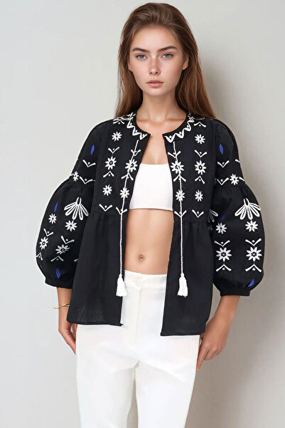 bacc Women's Black Balloon Sleeve Embroidered Jacket Bchesq-251009