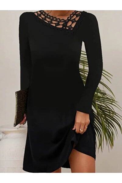 Genel Markalar Siyah Kadın Uzun Kollu Dantel Yaka Ithal Krep Mini Elbise