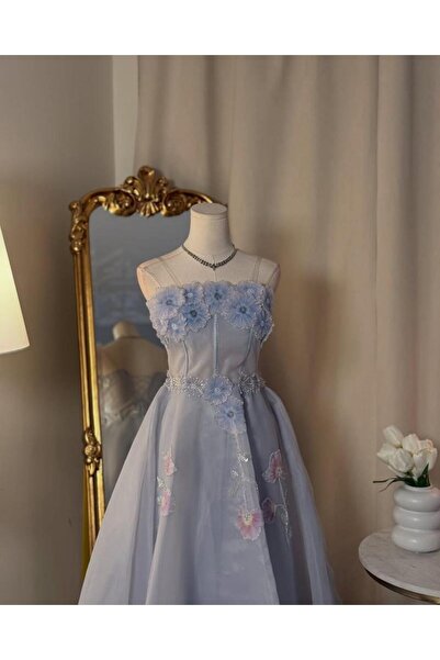 vanus fashion 6134- فستان سماوي ناعم بتطريز زهور أنيق