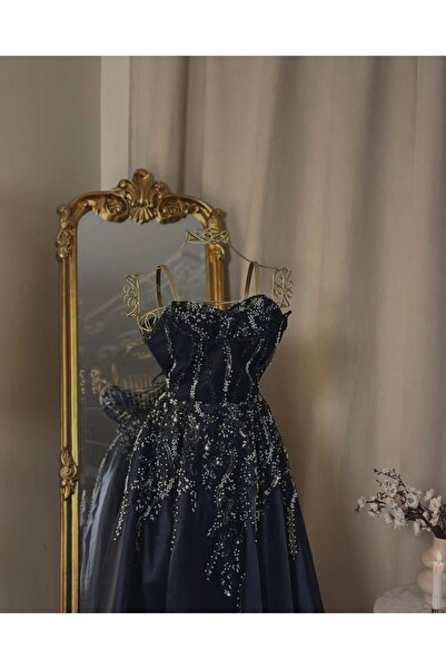 vanus fashion 6171-فستان كحلي أنيق بتطريز فاخر