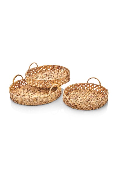 Dekorasyaa 3-Piece Round Serving and Presentation Tray with Wicker Handles - ...