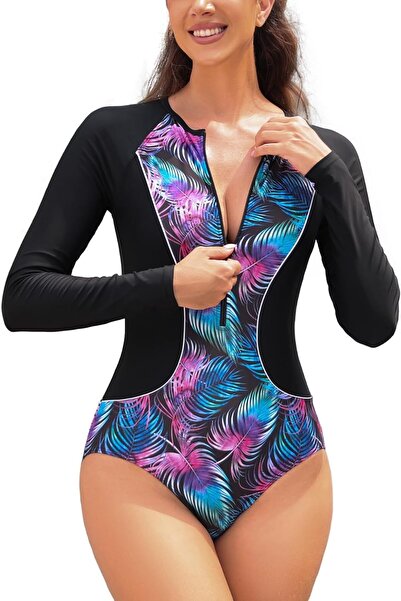 SHEKINI Costum de baie dintr-o singură piesă cu mânecă lungă și protecție UPF...