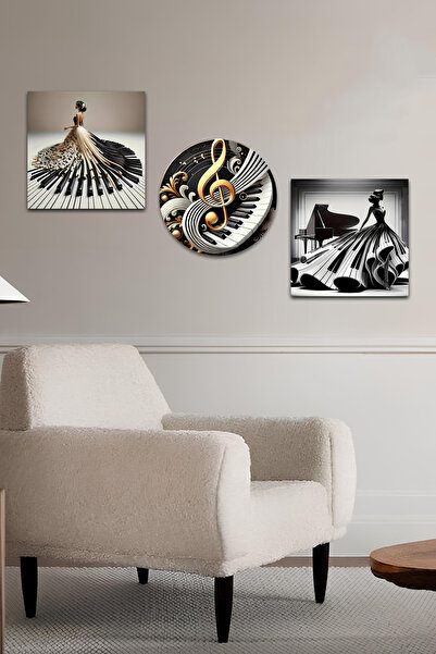 kutuTR 3D Görünümlü 2D UV Baskı Temperli Cam Tablo Set – Piyano ve Nota Temal...