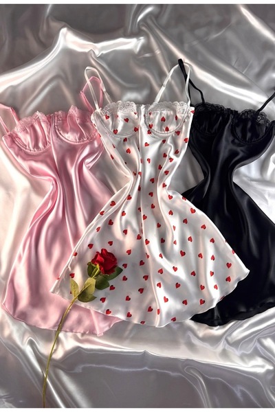 HAMA LOVE Kadın Pembe - Kırmızı Kalpli - Siyah Gecelik Seti