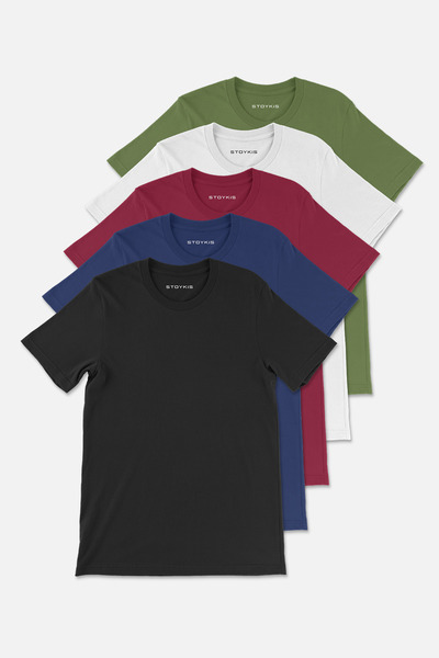 Stoykis Erkek Yeşil Beyaz Bordo Lacivert Siyah %100 Pamuklu 5 Li T-shirt Pake...
