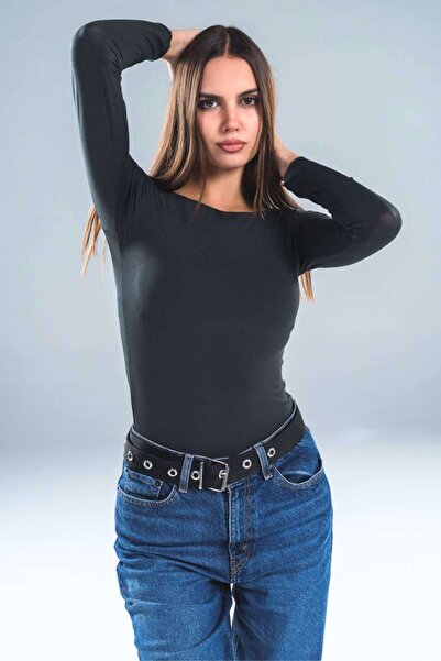 LUV STUDİOS CO Anthracite Transparent Long Sleeve Bodysuit