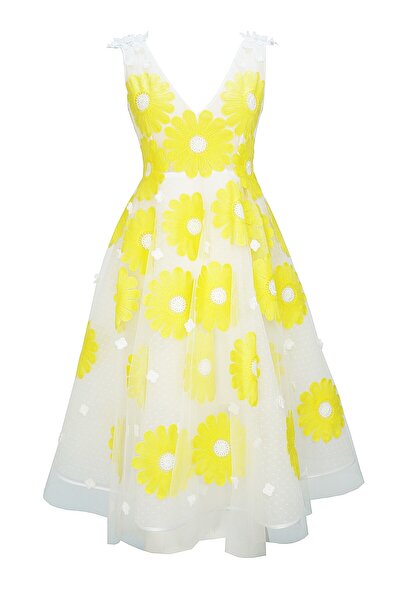 ambar studio Rochie midi Helena cu broderie de flori galbene