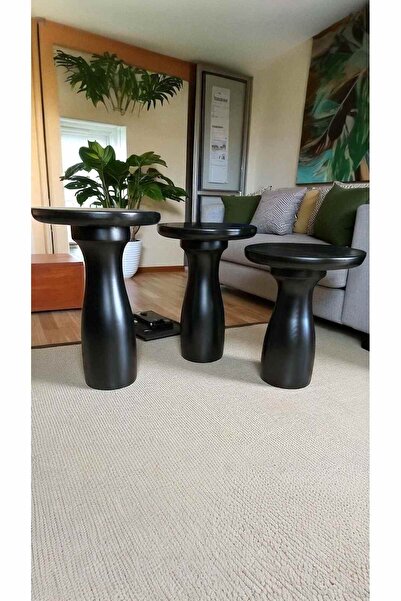 Simillo Home&Living Ahşap Mantar Sehpa Siyah 3’lü Takım Şık Zigon ve Fiskos S...