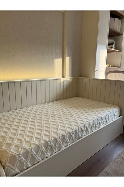 DANTEELHOME Püsküllü İskandinav Divan Örtüsü ,Pike, Yatak Örtüsü Krem