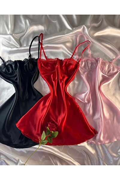 HAMA LOVE Kadın Siyah - Kırmızı - Pembe Gecelik Seti