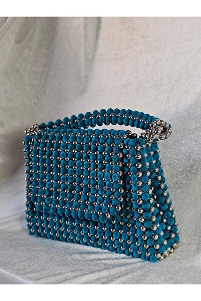 AGH Değerli Hediyeler Petrol Blue Velvet Textured & Silver Detailed Handmade Design Beaded Bag Special Day and Evening Bag