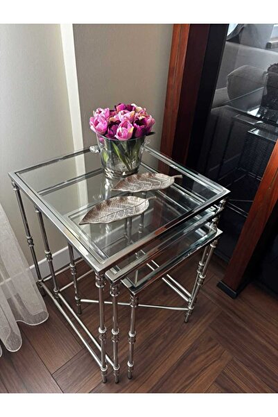 Tutku Torna Detaylı Gümüş 3'lü Kare Zigon Sehpa