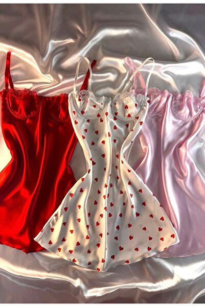 HAMA LOVE Kadın Kırmızı - Kırmızı Kalpli - Pembe Gecelik Seti