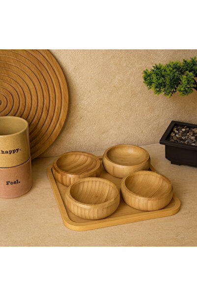 Evanev Miev Bambu Standlı 4 Lü Yuvarlak Çerezlik Sosluk Seti KOD.402