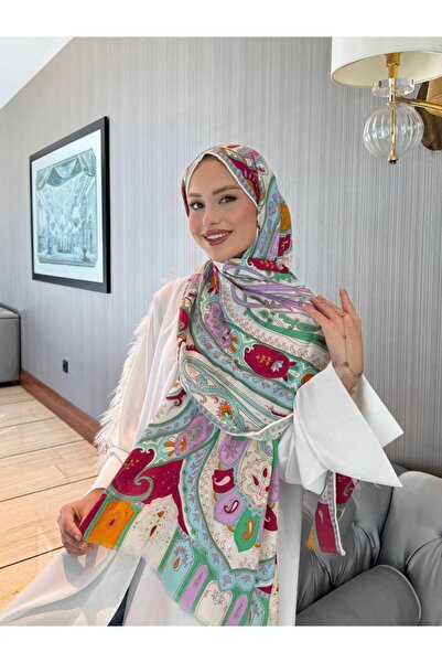 Dolce Paisley Patterned Silk-Look Shawl – Blue Yellow Satin Scarf, Stylish and Modern Design