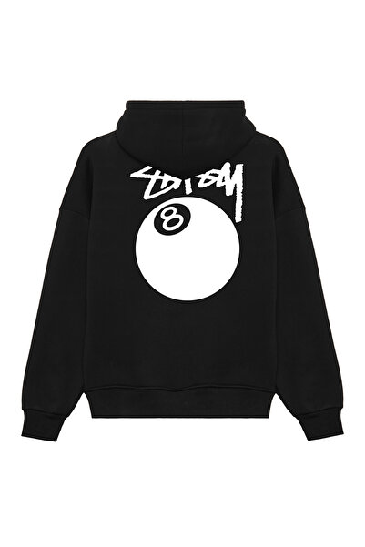 THE RULE Unisex Stüssy Billiard Ball Printed Oversized Ball Cut 3 Thread Ş Fleece-Lined Black K Hooded Sweatshirt
