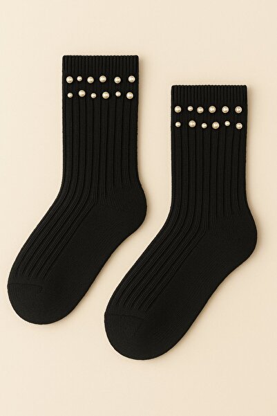 Katia&Bony Women's Pearl Accessory F Corded Fabric Socks Black