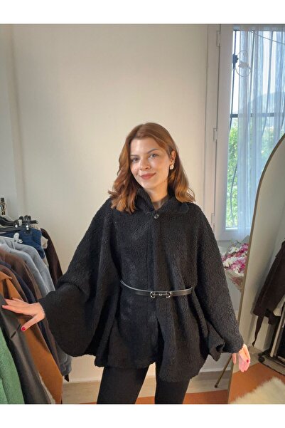 WODDİ Peluş Panço Kemerli Siyah Kadın