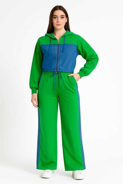 ANATOLIATEKSTILE Set Dama 2 Piese – Hanorac Denim Panel & Pantaloni Largi cu Bandă Denim | Casual Street Style