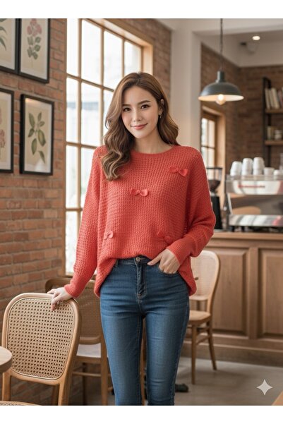 By Kuzey Aras Textured Oversized Sweater with Bow Detail