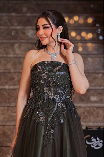 STAYILK DRESSES فستان سهرة زيتي بتطريز مشجر فخم - تصميم A-Line أنيق