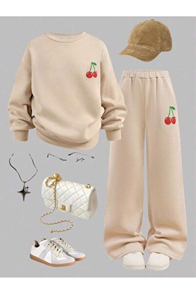 VESTIR BIEN Cherry Printed Girls Cotton Beige Children's Bottom Top Set