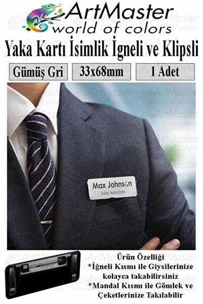 Artmaster İğneli ve Klipsli İsimlik Gümüş Renkli 1 Adet Yaka İsimliği Persone...