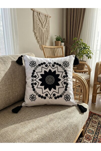 MACASA Bohemian Style Single Punch Embroidered 100% Cotton White Fabric Handmade Tassel Detailed Throw Pillow Cover