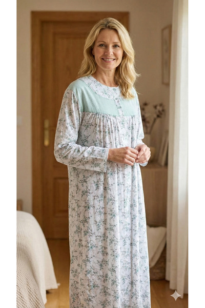 5.MEVSİM Long-Sleeved Mother's Nightgown with Floral Pattern and Wool Inside, in the Elegance of Brown