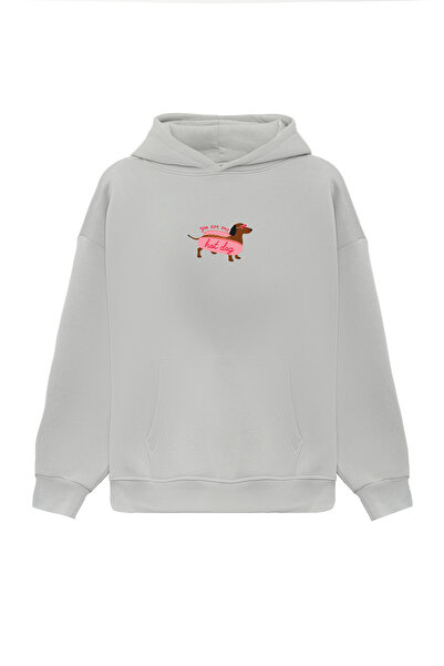 THE RULE Unisex Hot Dog Printed Oversized Bowl Cut Cotton 3 Thread Ş Fleece-Lined Gray K Hooded Sweatshirt