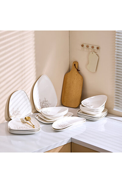 Malooki Set 6 persoane farfurii din porțelan, detalii aurii, 20 piese, forme geometrice