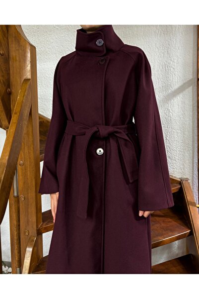 NANTİREA dik yaka düğme detaylı kaşe siyah kaban