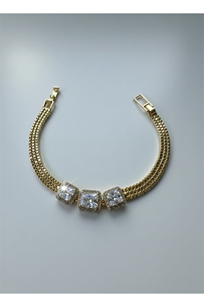 Pelin Aksesuar سوار سلسلة من حجر الكريستال المربع ذو اللون الذهبي