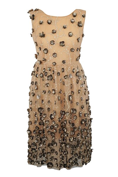 ambar studio Rochie midi Felicia aurie cu broderie 3D