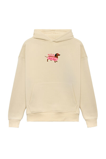 THE RULE Unisex Hot Dog Printed Oversized Bowl Cut Cotton 3 Thread Ş Fleece-Lined Beige K Hooded Sweatshirt