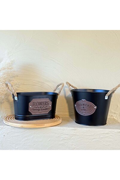 Evanev Tutku Halat Kulplu Metal İki Boy Vintage Saksı Siyah KOD:3455-54