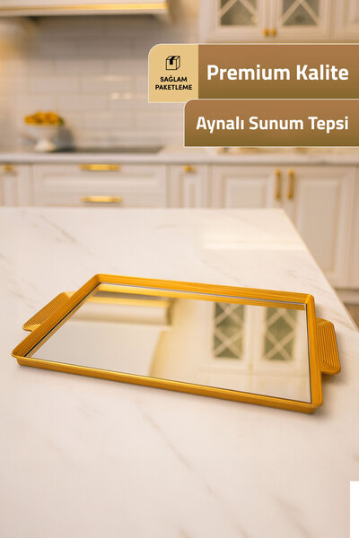 Mutfiko صينية تقديم ذهبية عاكسة - صينية تقديم فاخرة بإطار ذهبي متوسط ​​الحجم مقاس 30 × 20 سم