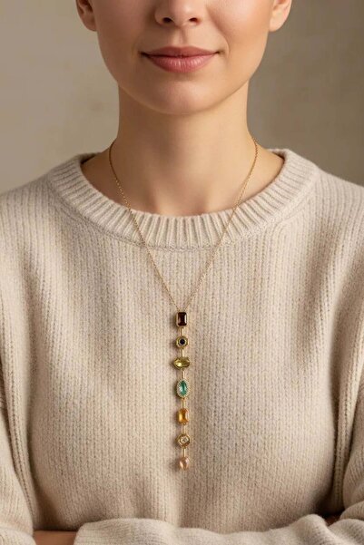 Clariss Pirinç Renkli Zirkon Taşlı Model Gold Renk 7 Element Kadın Y Kolye