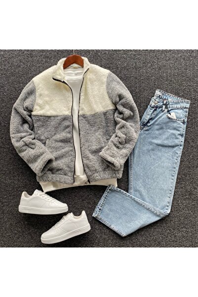 THANBUTİK Men's Patchwork Plush Fleece Jacket and Baggy Pants Set