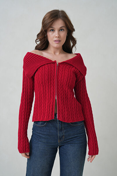 ÖNDER MODA Women's Wide Collar Twist Knit Zippered Sweater Cardigan - Burgundy