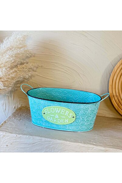 Evanev Tutku Vintage Oval Metal Kulplu Saksı Turkuaz KOD:3458