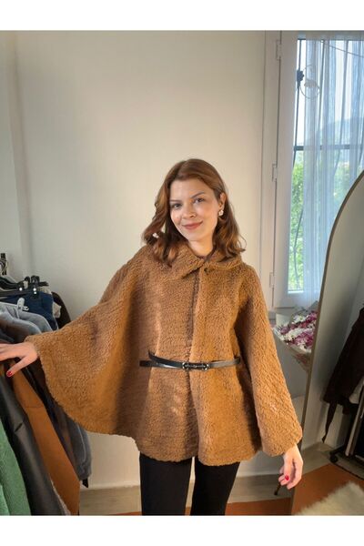 WODDİ Peluş Panço Kemerli Kahverengi Panço