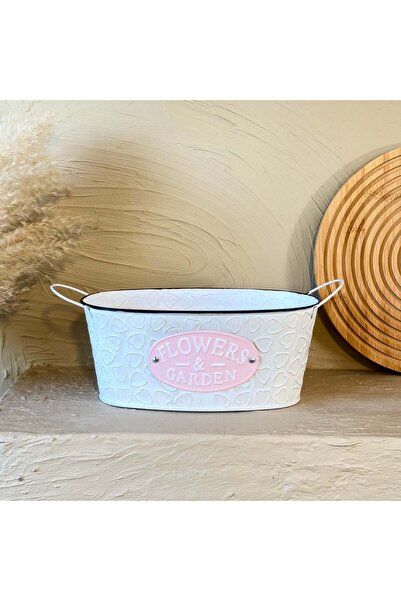 Evanev Tutku Vintage Oval Metal Kulplu Saksı Beyaz KOD:3458