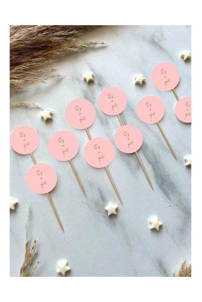 The Istanbul Event 10-Piece Pink Tiny'It's a Girl' Cupcake Topper Set - Gender Reveal Party Muffin Topper Set - Baby Shower