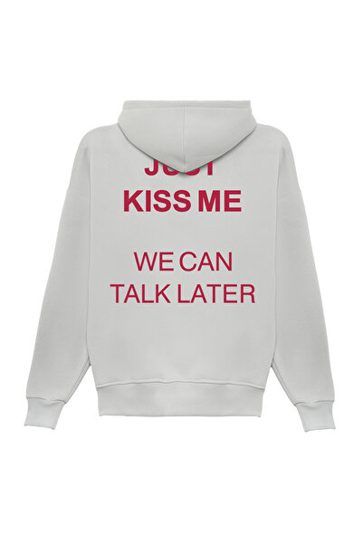THE RULE Unisex Just Kiss Me Printed Oversized Bol Cut Cotton 3 Thread Ş Fleece-Lined Gray K Hooded Sweatshirt