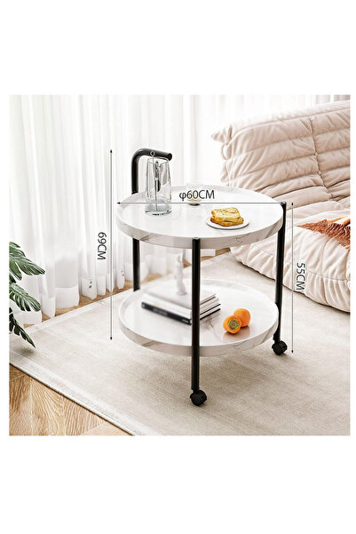 LAOBAN طاولة جانبية دائرية للأريكة مزودة بعجلات، طاولة قهوة صغيرة متحركة من طبقتين