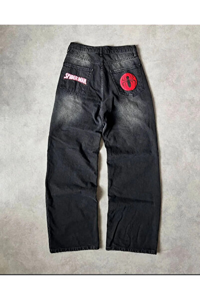8line Black Retro Washed Spider-Man Embroidered Baggy Pants