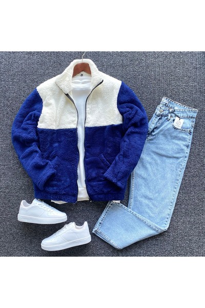 THANBUTİK Men's Patchwork Plush Fleece Jacket and Baggy Pants Set