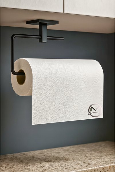MayCap Black Adhesive 4-Piece Bathroom Set Long Towel Holder Round Towel Holder Paper Towel Holder Wc Toilet Roll Holder