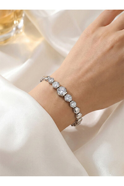 Pelin Aksesuar Gümüş Renk Altıgen Çerçeveli Kristal Taşlı Bileklik